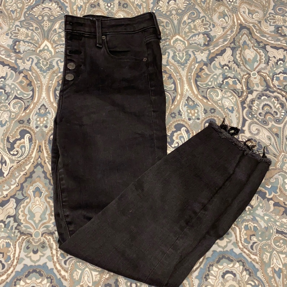 Abercrombie high rise super skinny ankle jeans in faded black with raw hem